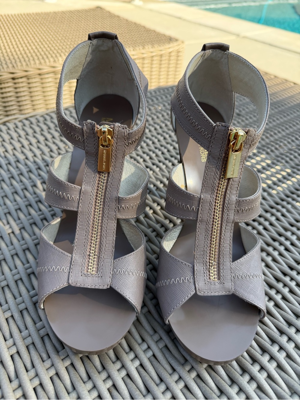 Michael Kors Taupe Strappy Wedge Sandals with Gold Front Zipper